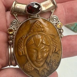 Rare Sajan Sterling Carved Tiger's Eye Goddess Pendant and Chain